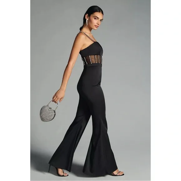 NWT Ieena‎ for Mac Duggal x Anthropologie Cutout Crystal Wide-Leg Jumpsuit Black